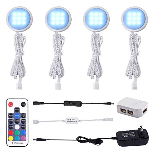 AIBOO RGB Color Changing LED Under Cabinet Lights Kit, Aluminum Slim Multi Color Puck Lights for Kitchen Counter Furniture Holiday Ambiance Christmas Decor Lighting (4 Lights)