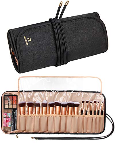 Relavel Makeup Brush Rolling Case Makeup Brush Bag Pouch Holder Cosmetic Bag Organizer Travel Portable Cosmetics Brushes Black Leather Case with Small Clear Bag