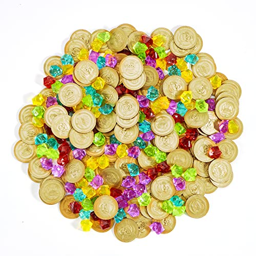 JOYIN Toy 288 Pieces Pirate Gold Coins and Pirate Gems Jewelry Playset Pack Party Favor. (144 Coins+144 Gems)