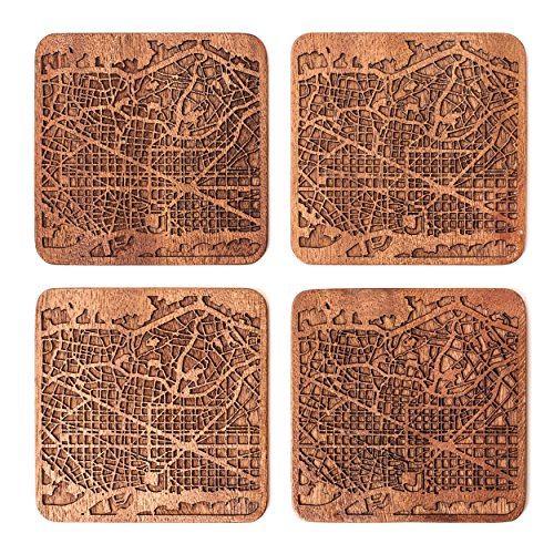 Barcelona Map Coaster by O3 Design Studio, Set Of 4, Sapele Wooden Coaster With City Map, Handmade