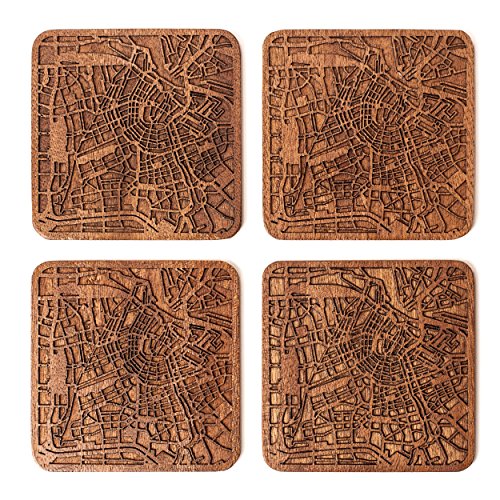 Amsterdam Map Coaster by O3 Design Studio, Set Of 4, Sapele Wooden Coaster With City Map, Handmade