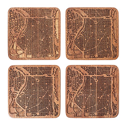 Philadelphia Map Coaster by O3 Design Studio, Set Of 4, Sapele Wooden Coaster With City Map, Handmade