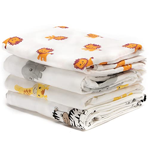 CuddleBug Muslin Baby Swaddle Blankets for Boys and Girls Size Large 4 x 4 Feet – Muslin Cotton 4 Pack (Safari Friends)