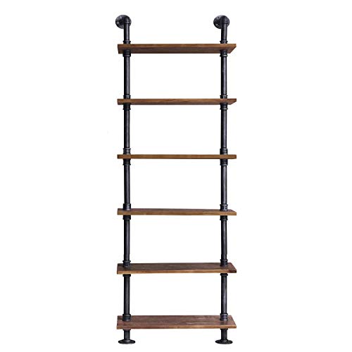 Diwhy 24”Width Industrial Pipe Shelves Rustic Modern Wood Ladder Bookcase with Metal Frame,Pipe Wall Shelf,Wood Storage,Home Decor,Display Shelving,Retro Floating Wood Shelving,6 Layer Bookshelf