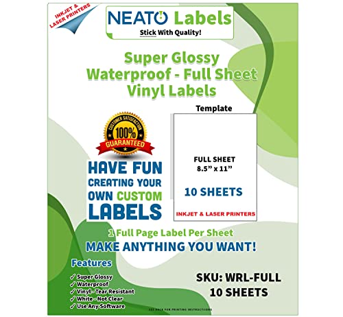 Printable Vinyl Waterproof Sticker Paper for Inkjet and Laser Printer – 10 White Full Sheet Super Glossy Craft Labels – Strong Adhesive – Tear Resistant – Design Software Included