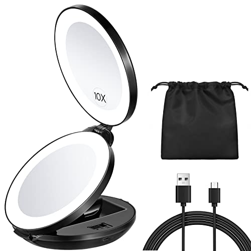 KEDSUM Upgraded Rechargeable Lighted Travel Makeup Mirror, 1X/10X Travel Magnifying Mirror with Light, Compact Makeup Mirror with LED Lighted, Double Sided Folding Vanity Mirror, Daylight, Portable