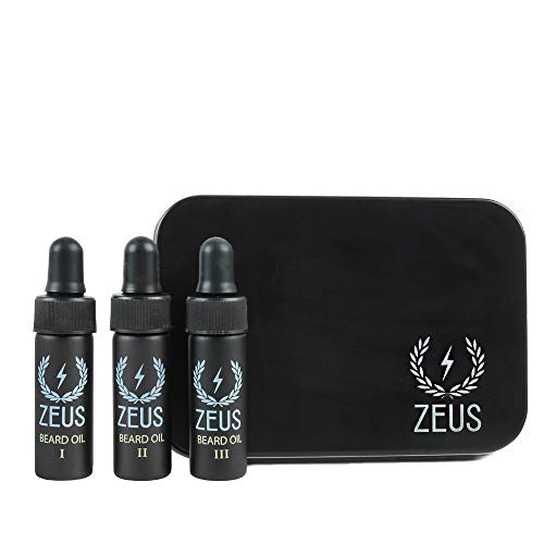 ZEUS Beard Oil Coffret Sampler Set – 3 Beard Oil Vial Sample Kit (Sandalwood, Verbena Lime & Vanilla Rum) MADE IN USA