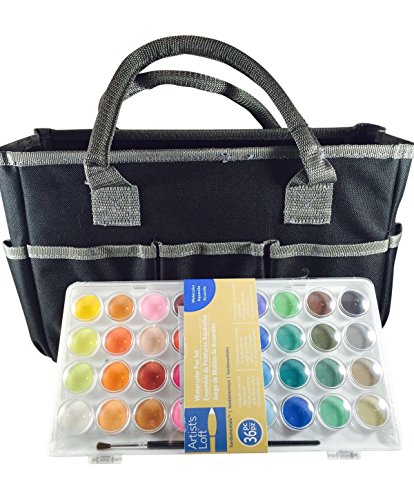 Artist’s Loft Fundamentals Art Organizer Tote Bag (Black) and 36 Water Color Pan Set (Bundle Pack)