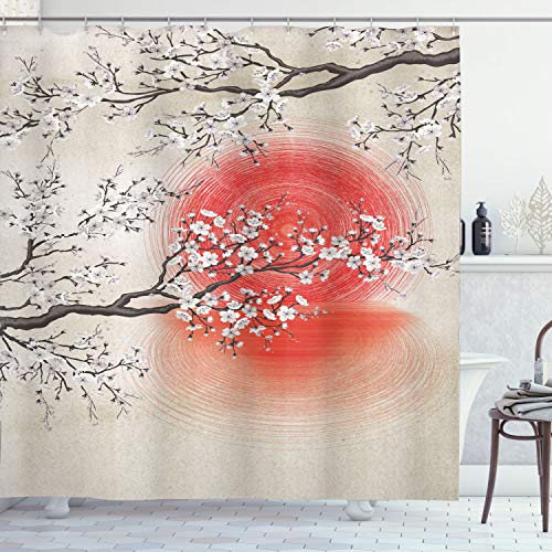 Ambesonne Cherry Blossom Shower Curtain, Japanese Folkloric Themed Sakura Tree, Cloth Fabric Bathroom Decor Set with Hooks, 69″ W x 70″ L, Grey Yellow Dark Coral