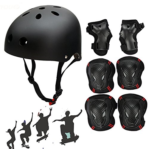 Besmall Adjustable Skateboard Skate Helmet with Protective Gear Knee Pads Elbow Pads Wrist Pads for Youth Outdoor Sports, BMX, Skateboard, Scooter, Bike, Roller, Kid’s Protective Gear Set Black M
