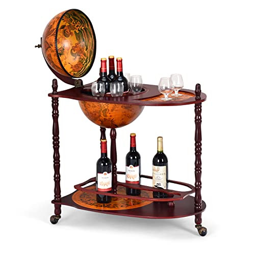 Goplus 34.5” Globe Bar Cart, 16th Century Italian Wood Globe Wine Bar with Liquor Shelf, Rolling Wheels, Old World Map, Globe Bar Liquor Cabinet