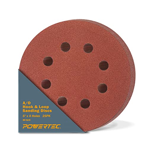 POWERTEC 45004 5 Inch 8 Hole Hook and Loop Sanding Discs, 40 Grit, 25PK, Sandpaper for Random Orbital Sanders