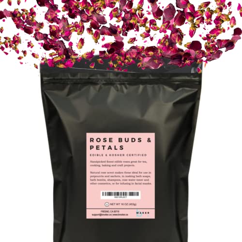 Dried Rose Petals and Rose Buds – Red – 1 Pound Edible Flowers – Use in Tea, Baking, Making Rose Water, Crafting, Wedding Confetti – Included Sample Bottle of Rose Absolute Essential Oil – by bMAKER