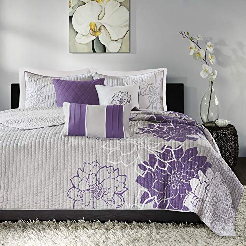 Madison Park Lola 100% Cotton Quilt Set – Casual Floral Channel Stitching Design, All Season, Lightweight Coverlet Bedspread Bedding, Shams, Decorative Pillows, King/Cal King(104″x94″), Purple 6 Piece