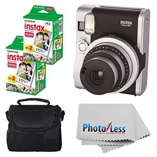 Fujifilm INSTAX Mini 90 Neo Classic Instant Camera (Black) with 2X Fujifilm Instax Mini 20 Pack Instant Film (40 Shots) + Compact Camera Case + Cleaning Cloth – International Version (No Warranty)
