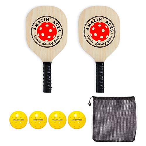 Amazin’ Aces Pickleball Wood Paddle Set – Pickleball Paddle Set Includes Wood Pickleball Paddles, 4 Pickleballs, 1 Mesh Carry Bag, and 1 Quality Box (2 Pack)