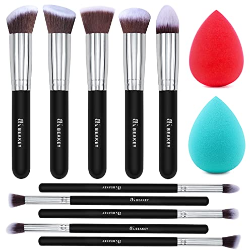 BEAKEY Makeup Brushes 12Pcs Makeup Kit, Premium Synthetic Kabuki Foundation Face Powder Concealers Blush Eyeshadow Brushes Makeup Brush Set, with 2pcs Blender Sponges (Black/Silver,12 Piece Set)