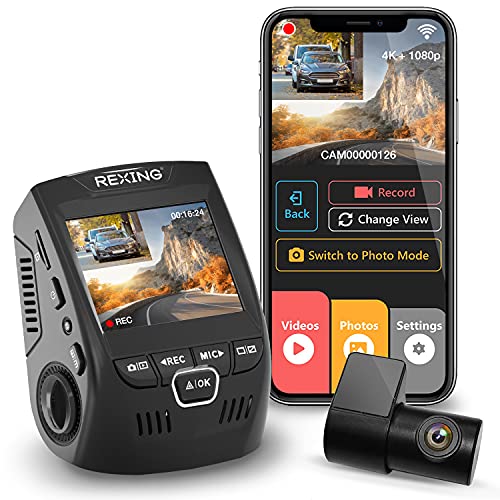 Rexing V1P 4K Car Dash Cam 2.4″ LCD 2160p Front + 1080p Rear Wi-Fi 170° Wide Angle Dual Channel with Rear Cam, G-Sensor, WDR, Loop Recording Mobile App Supercapacitor