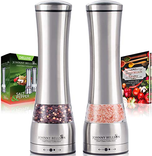 Premium Stainless Steel Salt and Pepper Grinder Set – Pepper Mill and Salt Mill, Spice Grinder with Adjustable Coarseness, Ceramic Rotor, Tall Salt and Pepper Shaker, Brushed Stainless – Free eBook