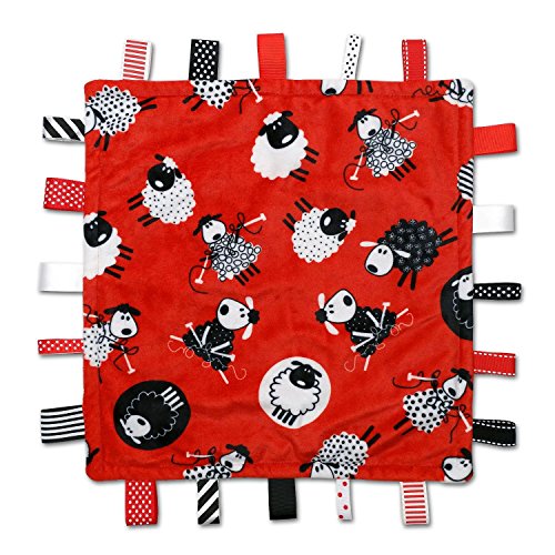 Sleepy Sheep Label Lovey – Black, White and Red – Baby Sensory, Security & Teething Textured Ribbon Tag Blanket
