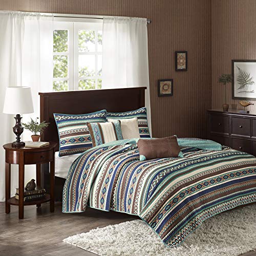 Madison Park Quilt Rustic Southwestern – All Season, Breathable Coverlet Bedspread, Lightweight Bedding, Shams, Decorative Pillow, King/Cal King(104″x94″), Malone, Ikat Blue/Chocolate 6 Piece