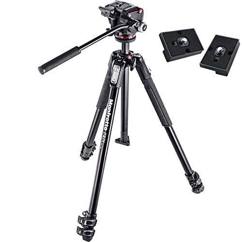 Manfrotto MK190X3-2W 190 Aluminum 3 Section Tripod Kit with MHXPRO-2W Fluid Head (Black) and Two ZAYKIR Quick Release Plates for The RC2 Rapid Connect Adapter