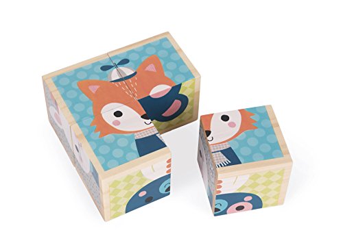 Janod Baby Forest My First 4 Blocks Forest Friends Portraits Wooden Building Block Puzzle Set for Ages 12 Months+, J08000