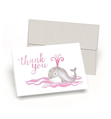 Whale Thank You! Baby Shower Thank You Cards (Set of 10 Cards + Envelopes) – Watercolor Baby Whale – By Palmer Street Press (Pink)