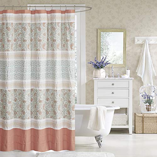 Madison Park Dawn Cotton Fabric Shower Curtain Pintucked, Paisley Design Machine Washable Shabby Chic Modern Home Bathroom Décor Bathtub Privacy Screen, 72 in x 72 in, Coral