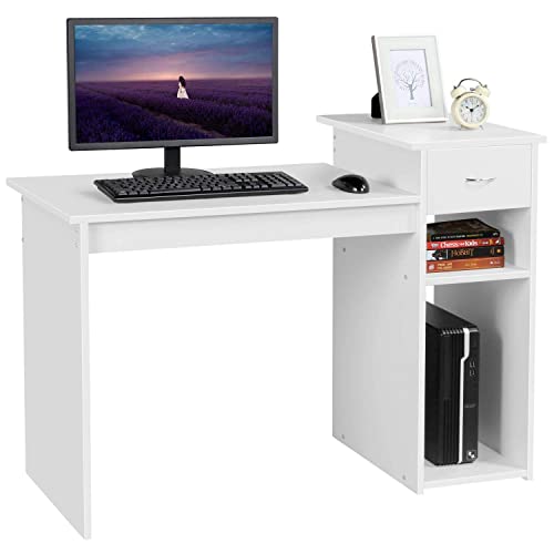 Yaheetech Home Office Computer Desk with Storage Drawer & Monitor Shelf, Writing PC Laptop Table Desk Study Workstation Furniture for Small Spaces, White