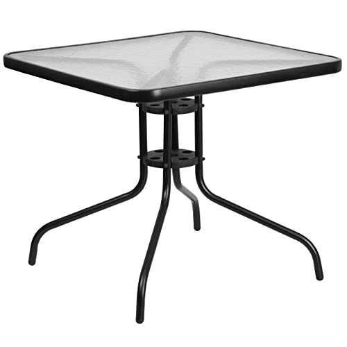 Flash Furniture 31.5” Square Tempered Glass Metal Table, Clear/Black