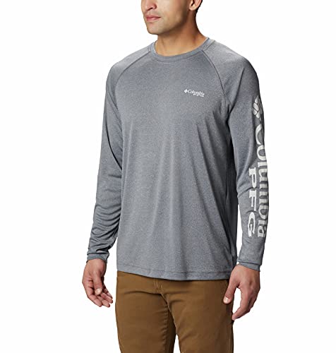 Columbia Men’s Terminal Tackle Heather Long Sleeve Shirt, Charcoal HTHR/Cool Grey Logo, Large