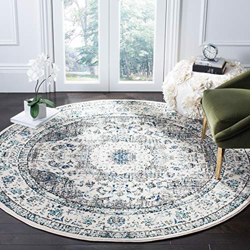 SAFAVIEH Evoke Collection 6’7″ Round Ivory/Grey EVK220D Shabby Chic Oriental Medallion Non-Shedding Dining Room Entryway Foyer Living Room Bedroom Area Rug