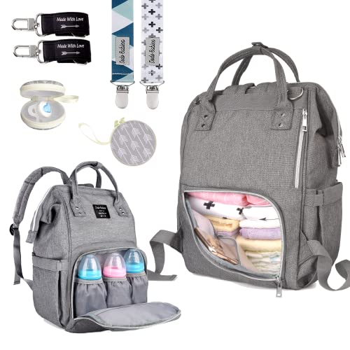Dodo Babies Diaper Bag Backpack Set – Insulated & Waterproof Pockets for Bottles, Wet Clothes, Travel Essentials & More – Plus Two Pacifier Clips, Gray Binky Case & Stroller Straps – Great Baby Gift