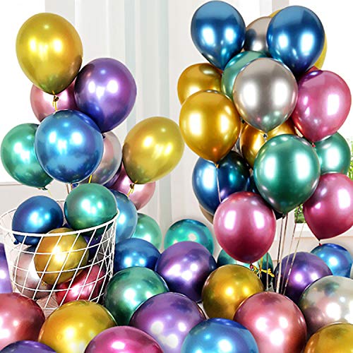 Fecedy 50pcs 12 Inch Colorful Pearl Metal Balloons Chrome Balloons 3D Premium Thick Metallic Latex Balloons for Wedding Birthday Baby Shower Graduation Festival Party Decoration