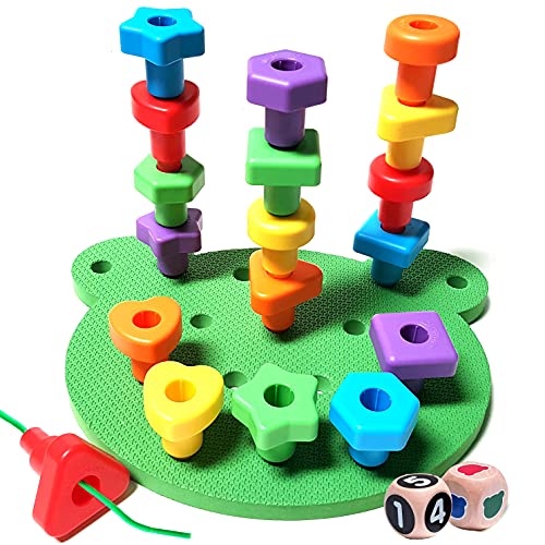 Peg Board Stacking Toddler Toys – Lacing Fine Motor Skills Montessori Toys for 3 4 5 Year Old Girls and Boys | Educational Matching Shapes Kids Toys with Pegs, Activity eBook & Travel Backpack