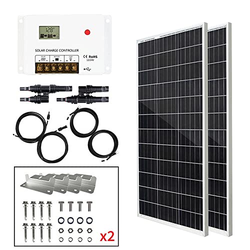 HQST 200W 12V Monocrystalline Solar Panel Kit w/ 30A PWM LCD Solar Charge Controller+Adaptor Kits+Tray Cable+Mounting Z Brackets+Y Branch Connectors