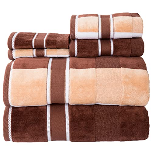 6-Piece – Oakville Beige-Striped 100% Cotton Velour Set With 2 Bath Towels, 2 Hand Towels, and 2 Washcloths by Lavish Home