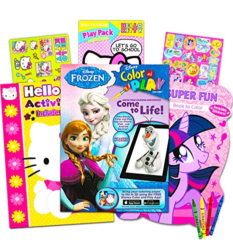 Ultimate Girls Coloring Book Bundle Girls Activity Set ~ 3 Pack Girls Party Favor Coloring Books Featuring Disney Frozen, Hello Kitty, My Little Pony and Play Pack