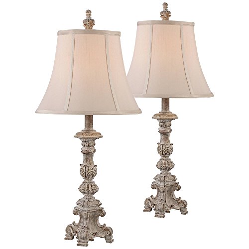 Regency Hill Elize Traditional French Country Style Vintage White Washed Candlestick Table Lamps 26.5″ High Set of 2 Bell Shade for Living Room Bedroom House Bedside Nightstand Home Office
