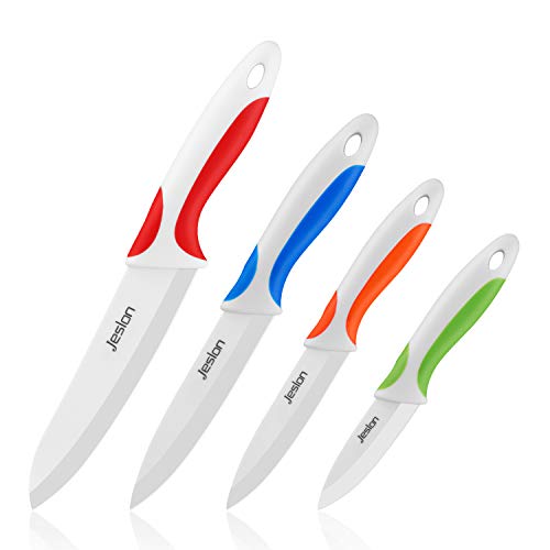 Jeslon Chef Knives Set, 4 Piece Multi Color Ceramic Knives, 3inch Paring Knife, 4inch Fruit Knife, 5inch Utility Knife, 6inch Chef Knife