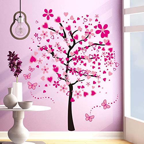 LiveGallery Removable Huge Pink Cartoon Heart Flower Tree Wall Decals Red Butterfly Wall Stickers Home Art Decor for Kids Girls Babys Bedroom Nursery Room Living Room Decorations