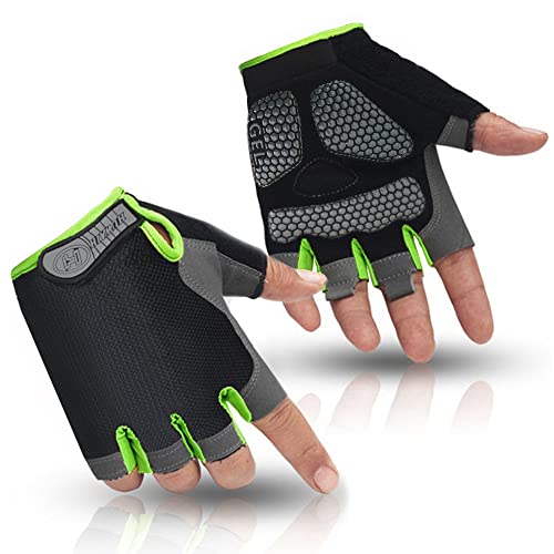 HuwaiH Cycling Gloves for Men/Women Anti Slip Shock Absorbing Biking Gloves Half Finger Gel Pad Bicycle Gloves Breathable Bike Gloves (Black/Green, Medium)