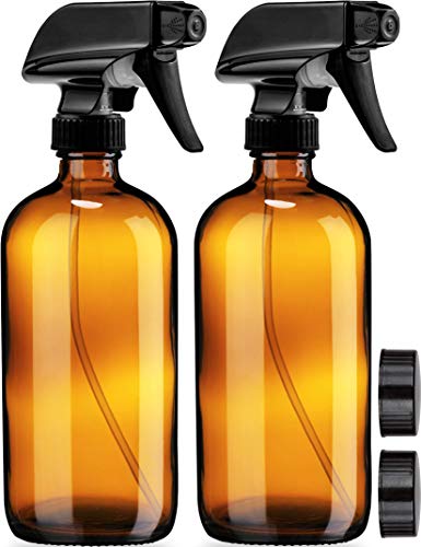 Empty Amber Glass Spray Bottles – 2 Pack – Each Large 16oz Refillable Bottle is Great for Essential Oils, Plants, Cleaning Solutions, Hair Mister – Durable Nozzle w/ Fine Mist and Stream Setting
