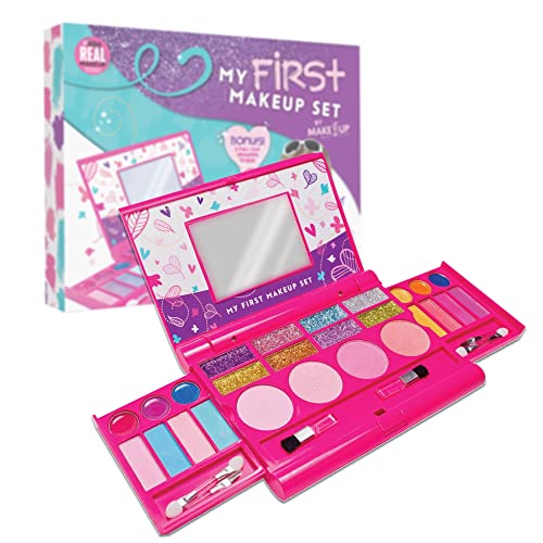 MAKE IT UP – My First Makeup Set for 5+ Year Old Young Girls (Original Design) – Integrated Foldable Makeup Palette with Mirror & Secure Closing – Easily Washable, Non-Toxic – Safety Tested – Pink