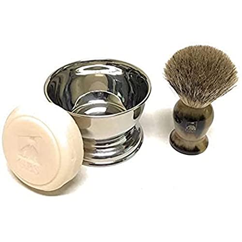 G.B.S Men’s Shaving Starter Kit Include Shaving Soap, Badger Brush with Horn Handle, Stainless Steel Soap Cup – Compliments any Razor Shavette & Effortless