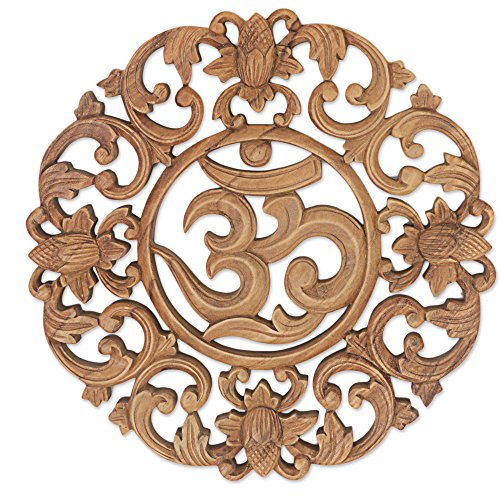 NOVICA 277584 Floral Hand Made Suar Wood Relief Panel Wall Art, Brown, ‘Flower Om’
