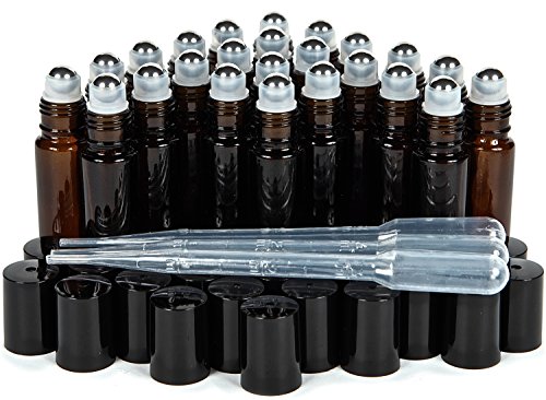 Vivaplex, 24, Amber, 10 ml Glass Roll-on Bottles with Stainless Steel Roller Balls. 3-3 ml Droppers included