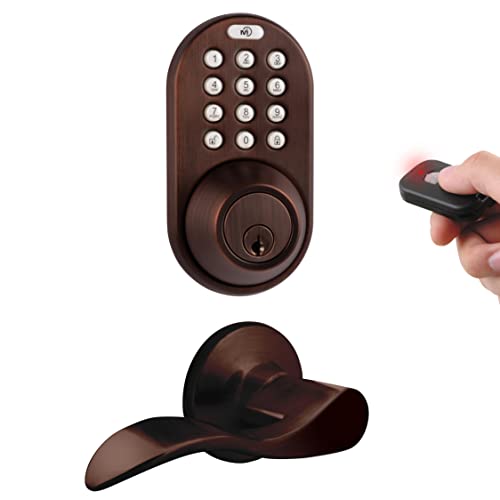 MiLocks XFL-02OB Digital Deadbolt Door Lock and Passage Lever Handle Combo with Keyless Entry via Remote Control and Keypad Code for Exterior Doors, Oil Rubbed Bronze