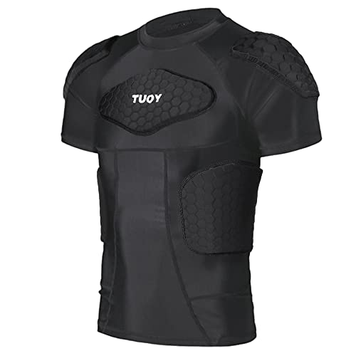 DGXINJUN Men Padded Compression Shirt Sports Short Sleeve Protective T-Shirt Shoulder Rib Chest Back Protector Pads Support Shirt for Adult Football Basketball Paintball Rugby Training (Large, Black)